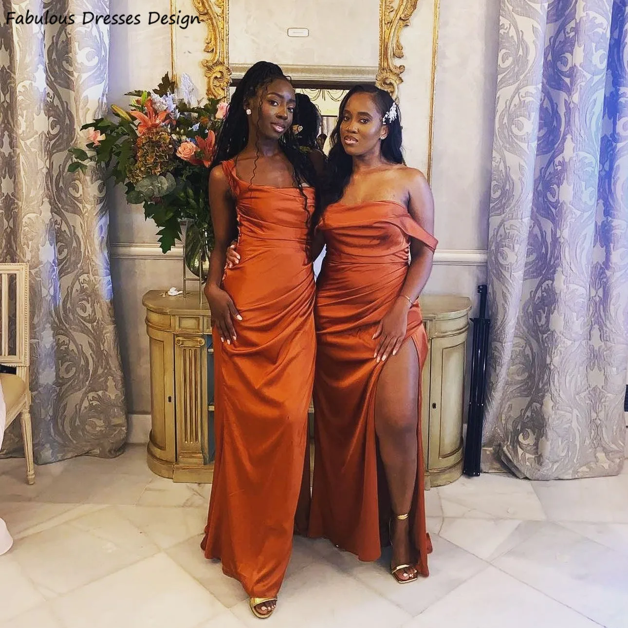 Оранжевые платья подружек невесты с открытыми плечами, Длинное сексуальное свадебное платье в русалку с высоким разрезом и складками для африканских женщин, платье для выпускного вечера . ' - ' . 0