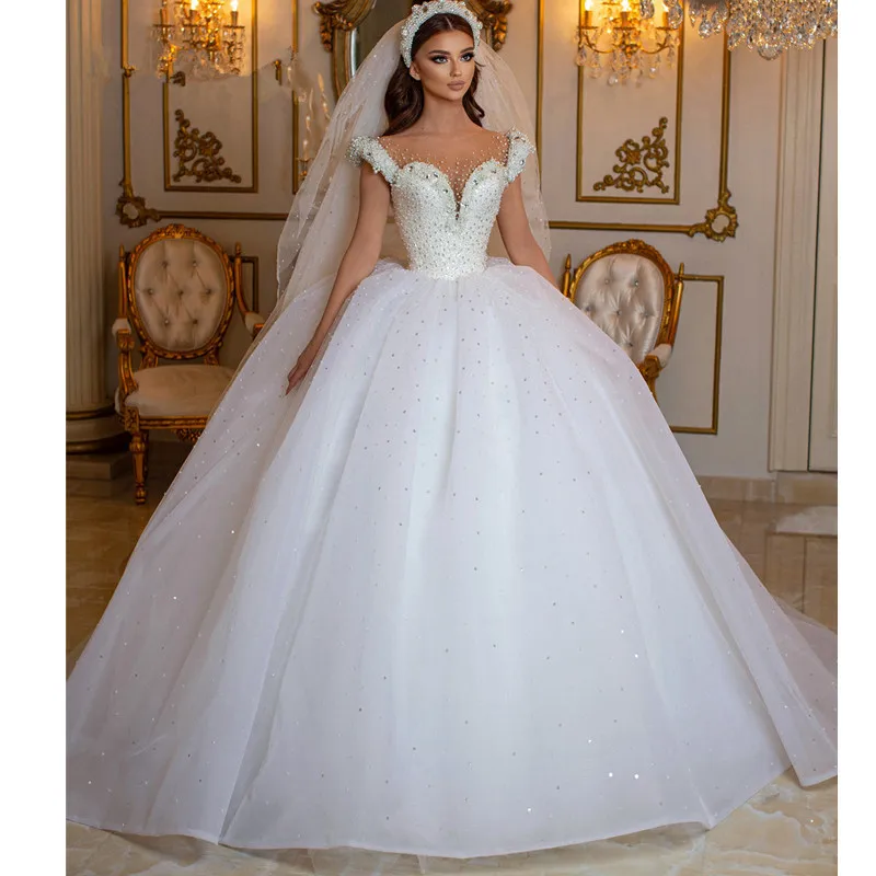 Роскошное бальное платье с жемчугом, свадебные платья, прозрачная горловина, тюль с блестками, арабское платье принцессы церкви в Дубае для новобрачных . ' - ' . 0