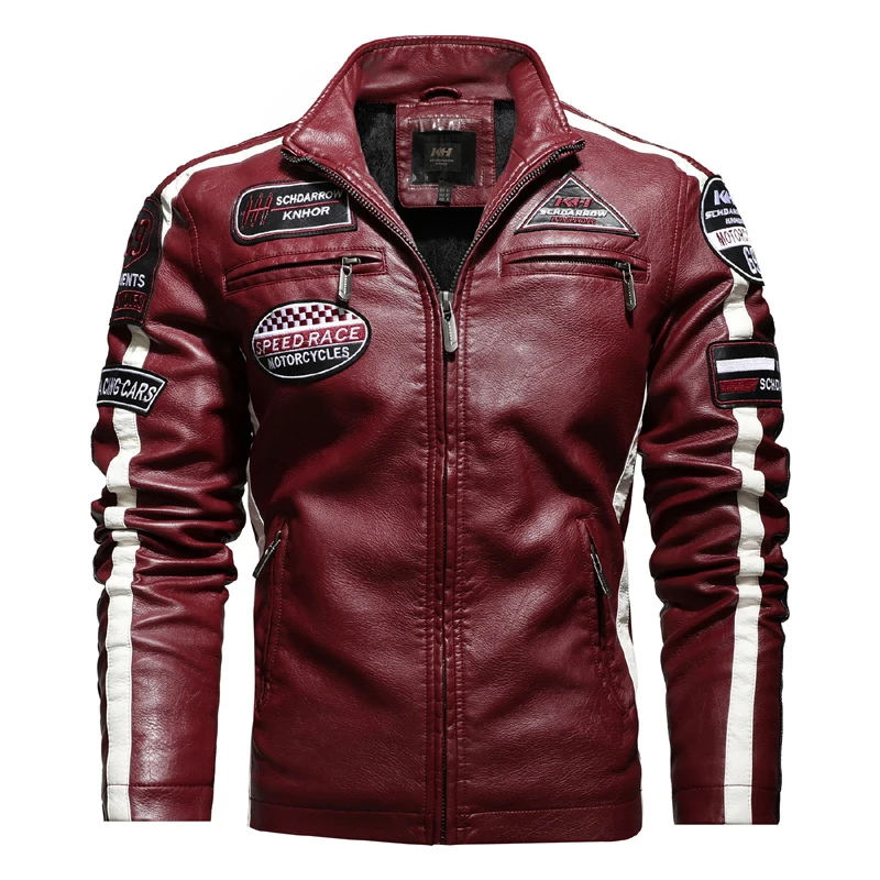 Винтажная мужская куртка из искусственной кожи, мотоциклетные байкерские куртки, повседневное лоскутное пальто на молнии с вышивкой, тонкое флисовое зимнее пальто . ' - ' . 0