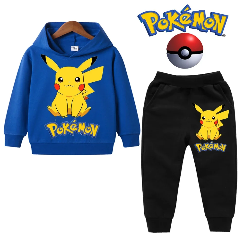 Комплекты с капюшоном Pokemon Pikachu, 2 шт. Топы с Пикачу и длинными рукавами + брюки, детская одежда для мальчиков от 3 до 14 лет, детская одежда с героями мультфильмов, наряды для девочек . ' - ' . 0