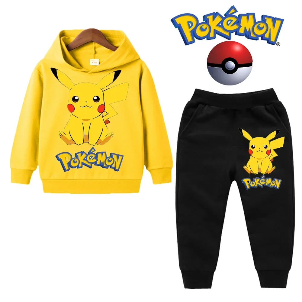 Комплекты с капюшоном Pokemon Pikachu, 2 шт. Топы с Пикачу и длинными рукавами + брюки, детская одежда для мальчиков от 3 до 14 лет, детская одежда с героями мультфильмов, наряды для девочек . ' - ' . 1