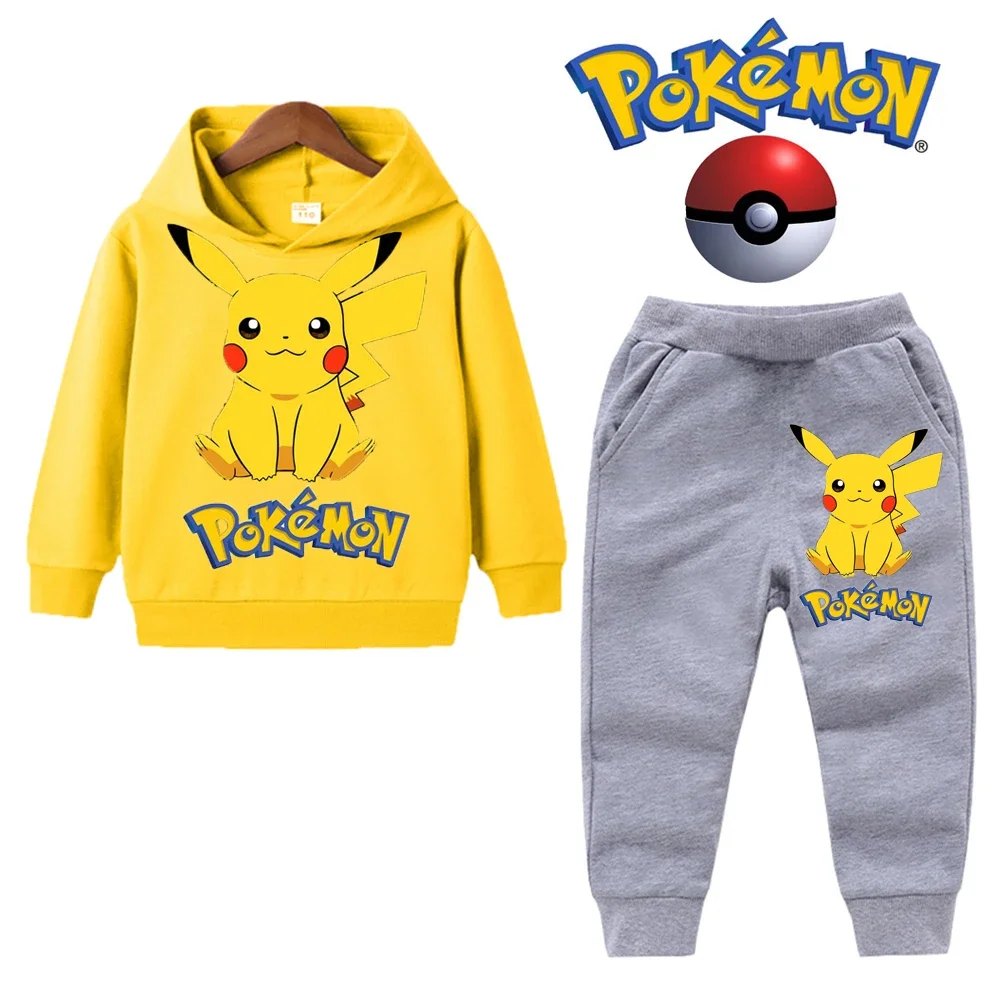 Комплекты с капюшоном Pokemon Pikachu, 2 шт. Топы с Пикачу и длинными рукавами + брюки, детская одежда для мальчиков от 3 до 14 лет, детская одежда с героями мультфильмов, наряды для девочек . ' - ' . 2