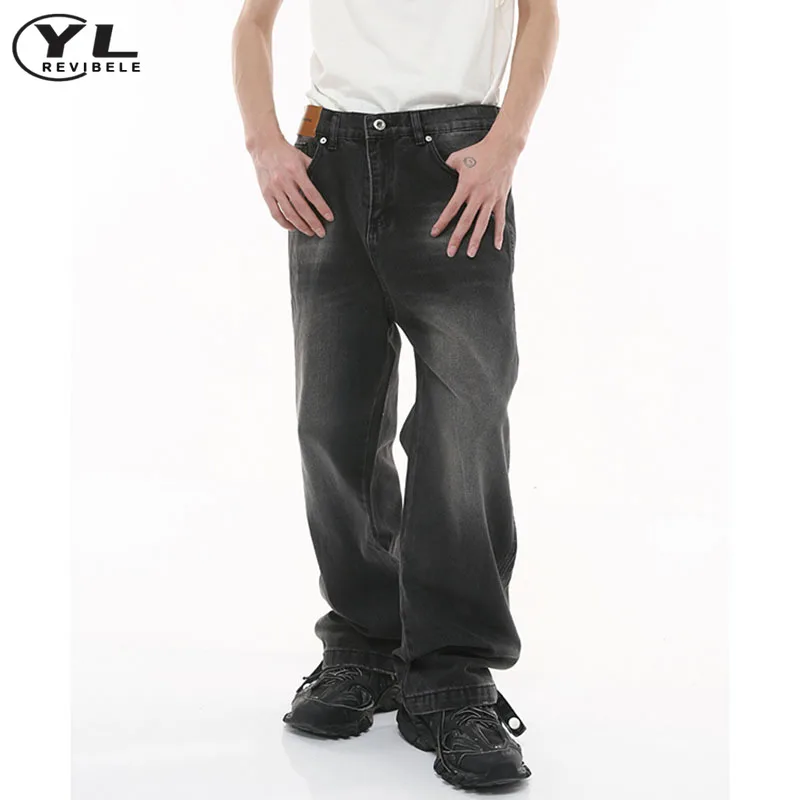 Мужские Винтажные застиранные мешковатые джинсы в стиле Американский хип-хоп, джинсовые брюки с высокой талией и широкими штанинами, мужские уличные модные потертые прямые брюки . ' - ' . 0