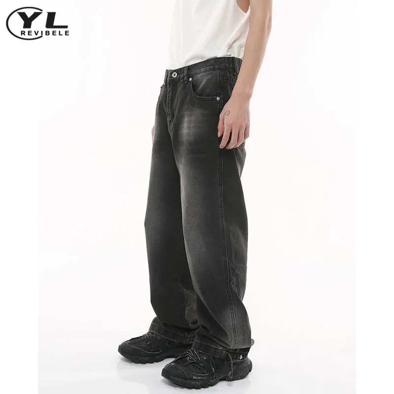 Мужские Винтажные застиранные мешковатые джинсы в стиле Американский хип-хоп, джинсовые брюки с высокой талией и широкими штанинами, мужские уличные модные потертые прямые брюки . ' - ' . 1