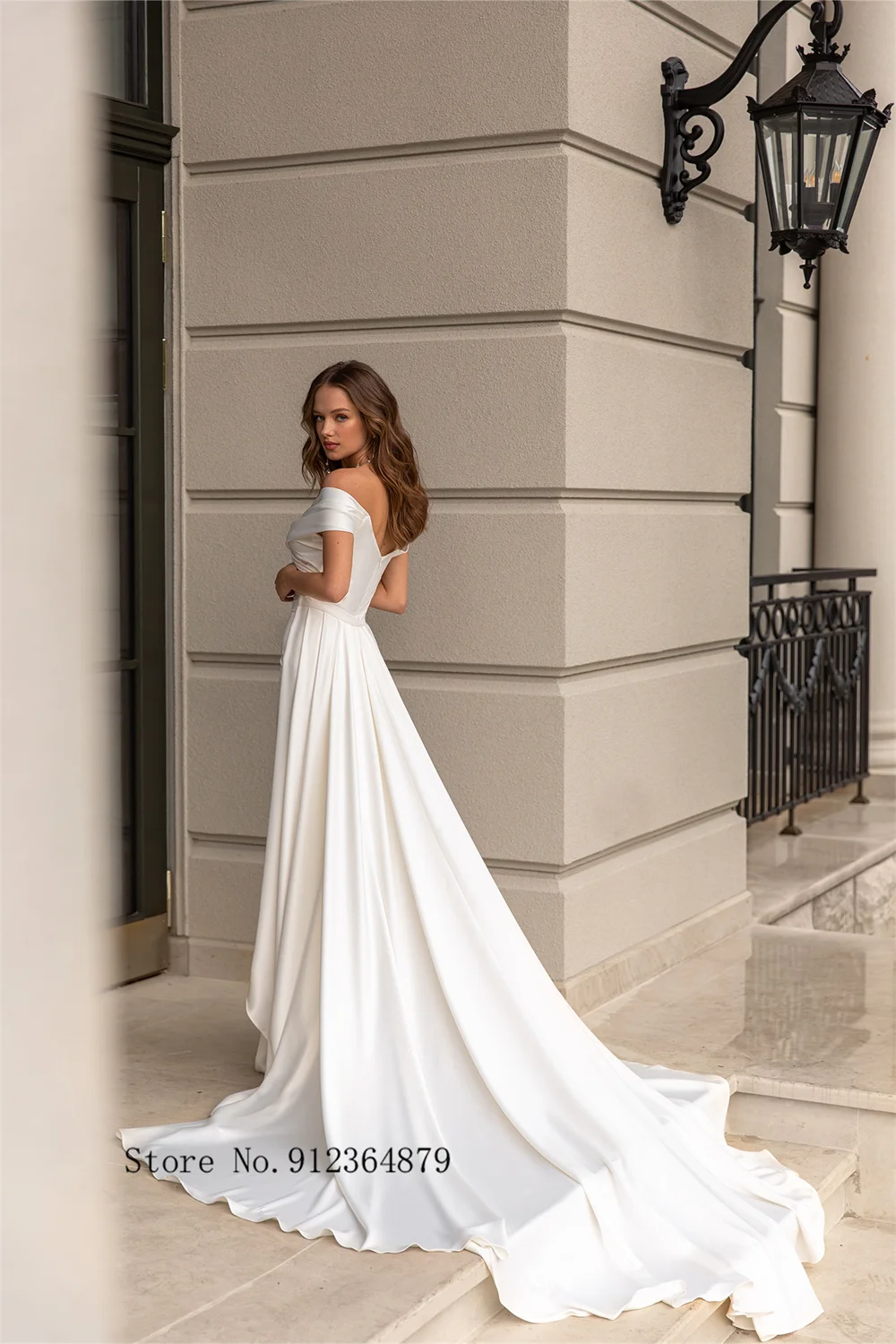 Элегантные свадебные платья Русалочки из мягкого атласа с открытыми плечами и съемным длинным шлейфом, сшитые на заказ в 2024 году Vestido De . ' - ' . 5