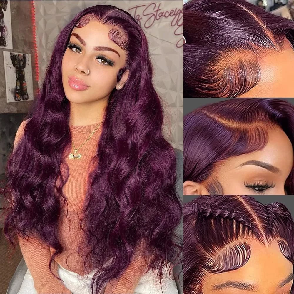 Темно-бордовые парики на кружеве Синтетические Бесклеевые 13X4 Темно-фиолетовые парики на кружеве с объемной волной для женщин, предварительно выщипанные из волос младенца . ' - ' . 0