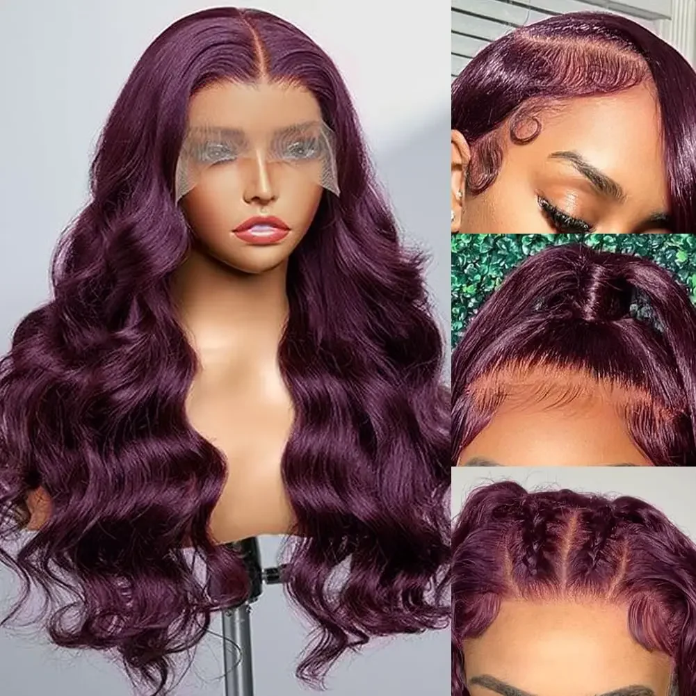 Темно-бордовые парики на кружеве Синтетические Бесклеевые 13X4 Темно-фиолетовые парики на кружеве с объемной волной для женщин, предварительно выщипанные из волос младенца . ' - ' . 1
