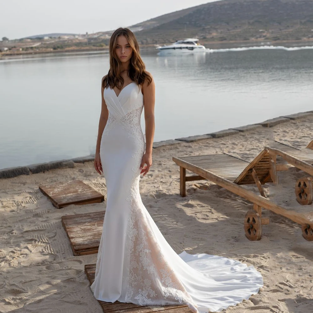 Классические свадебные платья Русалки для невесты с V образным вырезом без рукавов для новобрачных с аппликацией на спине и шлейфом Vestidos De Novia 2023 . ' - ' . 0