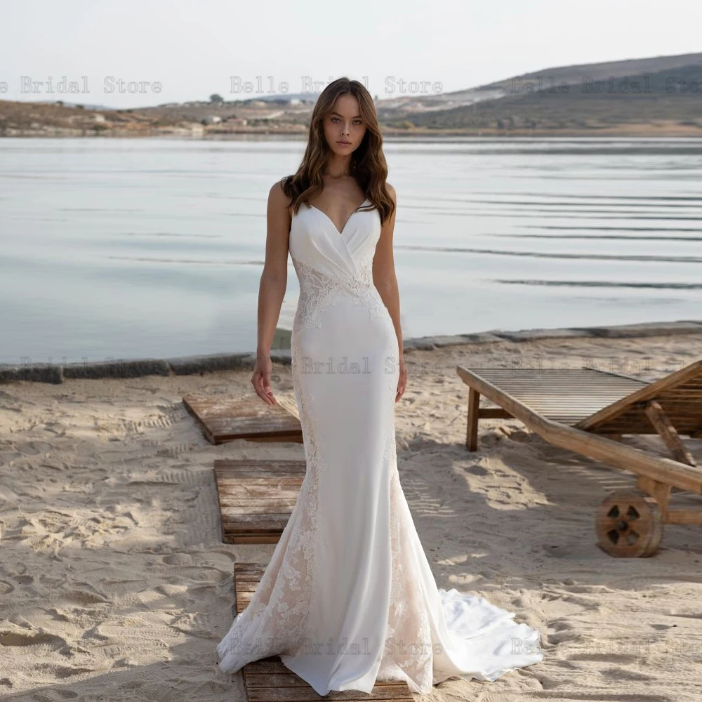 Классические свадебные платья Русалки для невесты с V образным вырезом без рукавов для новобрачных с аппликацией на спине и шлейфом Vestidos De Novia 2023 . ' - ' . 2