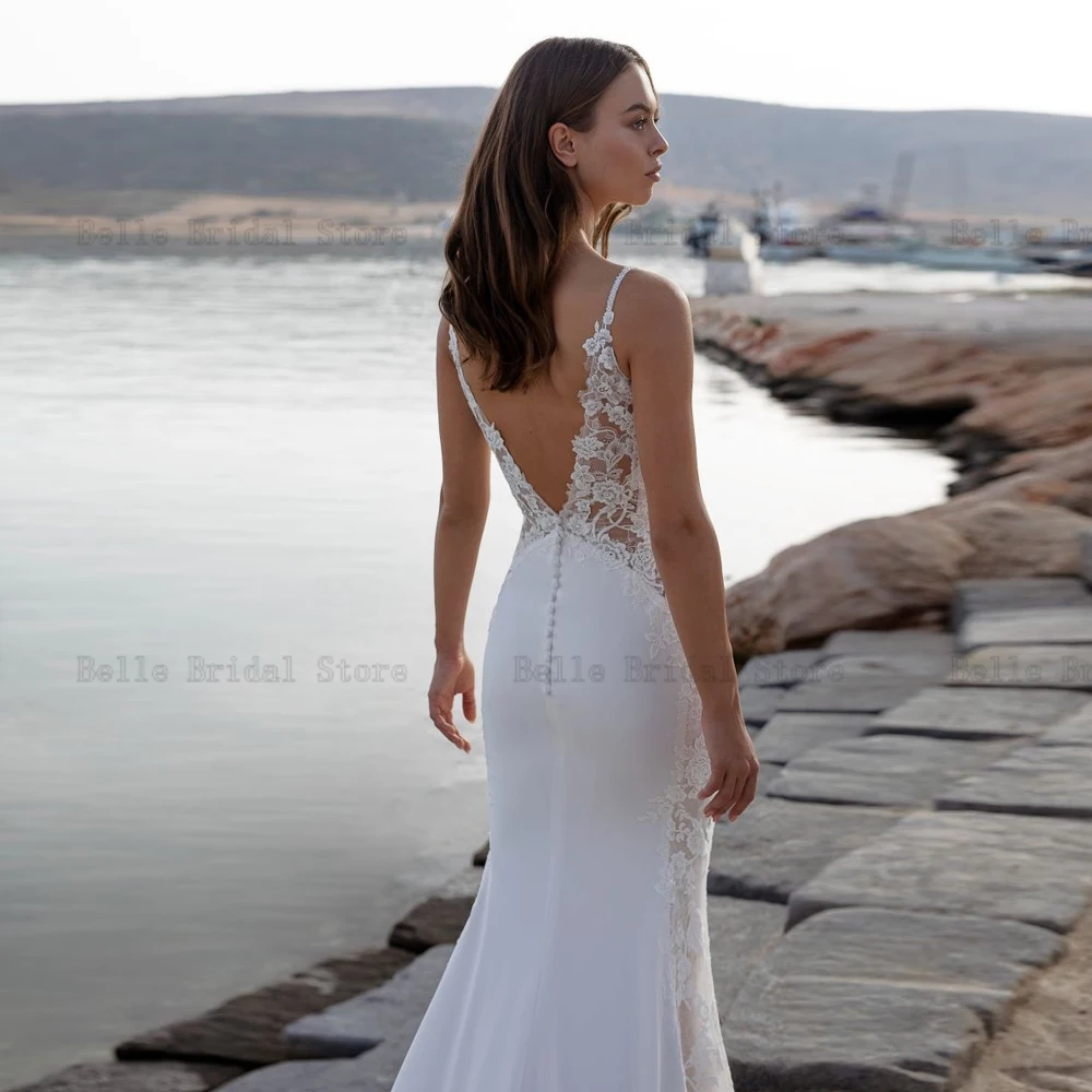 Классические свадебные платья Русалки для невесты с V образным вырезом без рукавов для новобрачных с аппликацией на спине и шлейфом Vestidos De Novia 2023 . ' - ' . 3