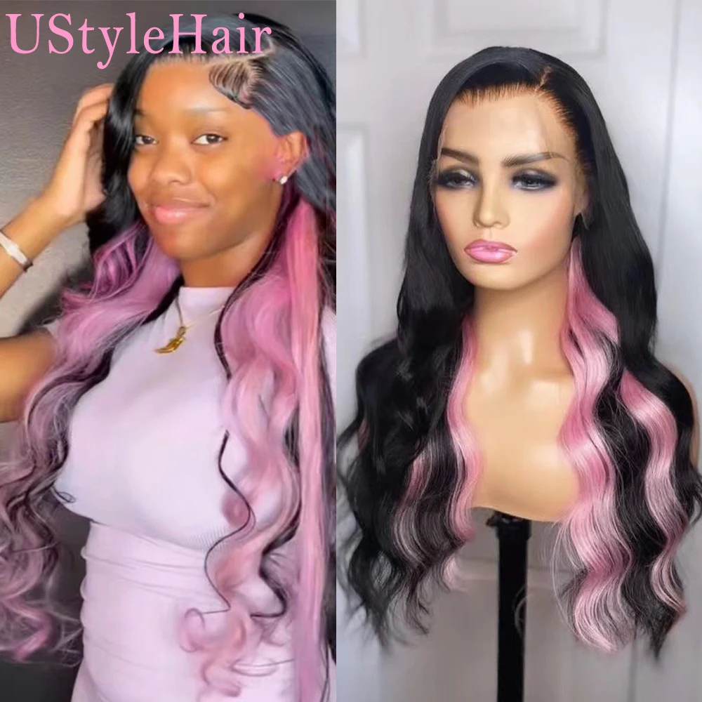 UStyleHair Черный Розовый парик с объемной волной, натуральная линия роста волос, синтетические парики на кружеве спереди для женщин, термостойкий парик с розовыми бликами . ' - ' . 0