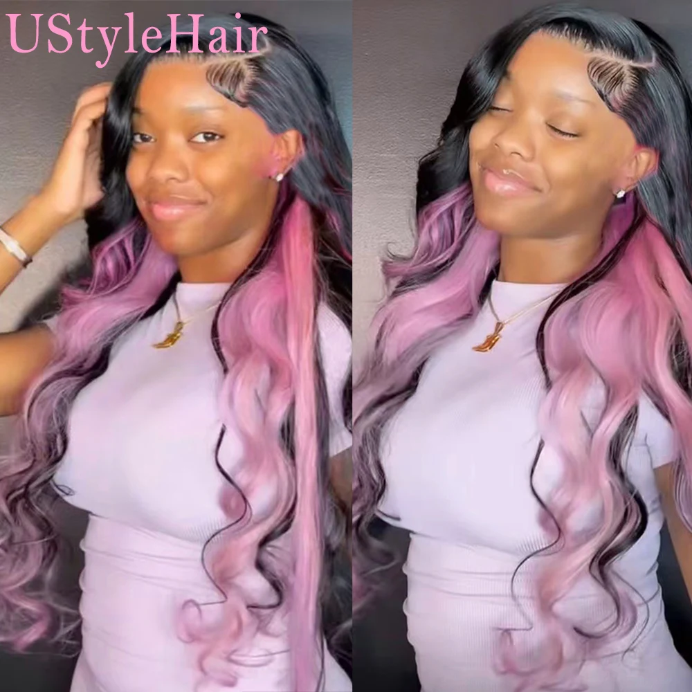 UStyleHair Черный Розовый парик с объемной волной, натуральная линия роста волос, синтетические парики на кружеве спереди для женщин, термостойкий парик с розовыми бликами . ' - ' . 1