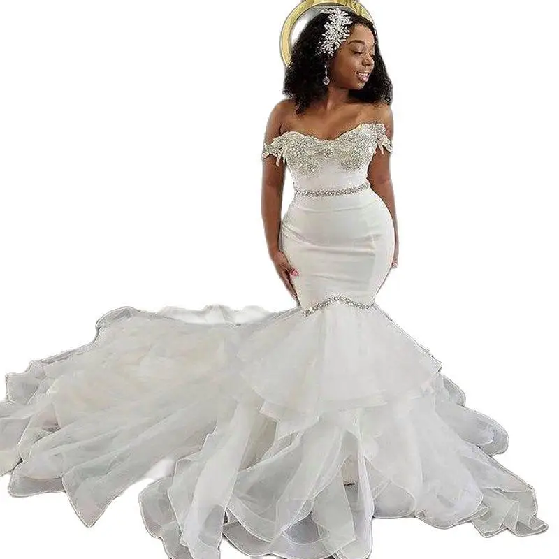Белые свадебные платья Русалки Свадебные платья без бретелек Бусины Кружевная аппликация Нигерийское Арабское свадебное платье Robe De Mariee . ' - ' . 1