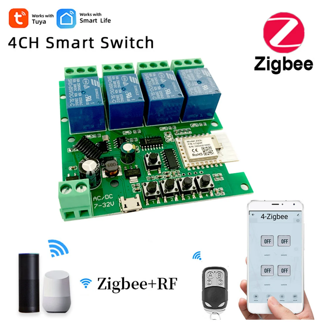 Zigbee Tuya Smart 4CH Релейный Модуль DC5V 7-32 В rf433 МГц Пульт Дистанционного Управления Выключателем Света Работает с Alexa Google Home . ' - ' . 2