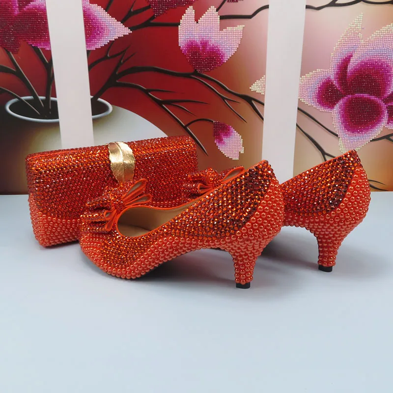 BaoYaFang оранжевый Кристалл свадебные туфли и сумочка для женщин горный хрусталь насосы обувь женщина круглый носок насосы высокого . ' - ' . 0