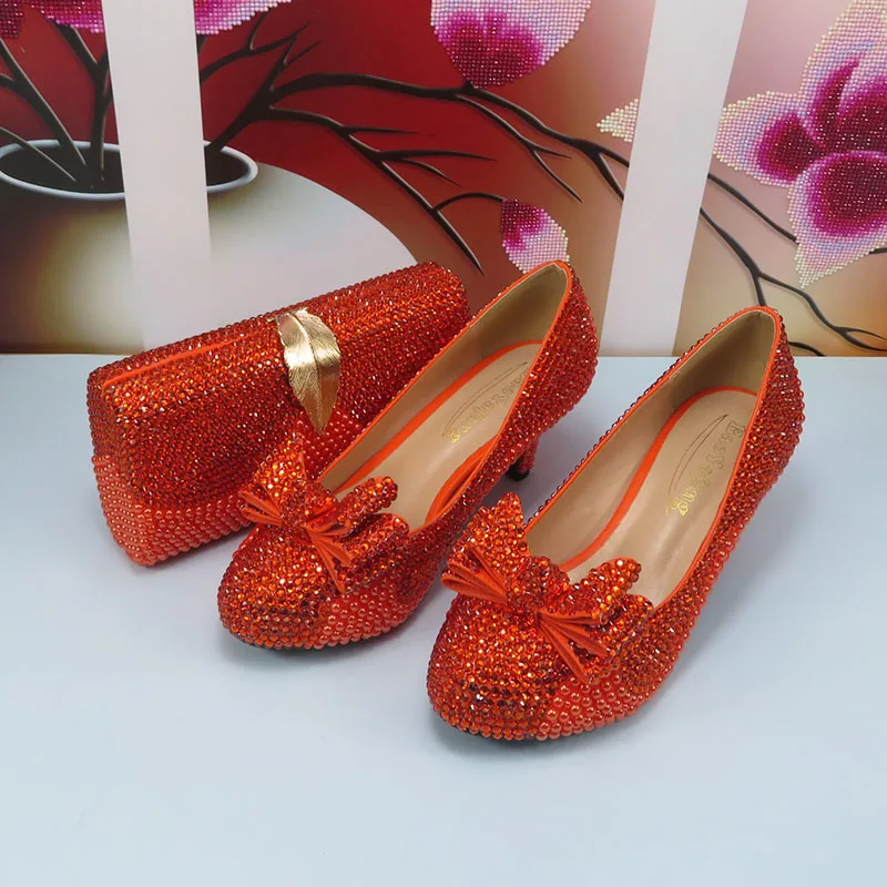 BaoYaFang оранжевый Кристалл свадебные туфли и сумочка для женщин горный хрусталь насосы обувь женщина круглый носок насосы высокого . ' - ' . 1