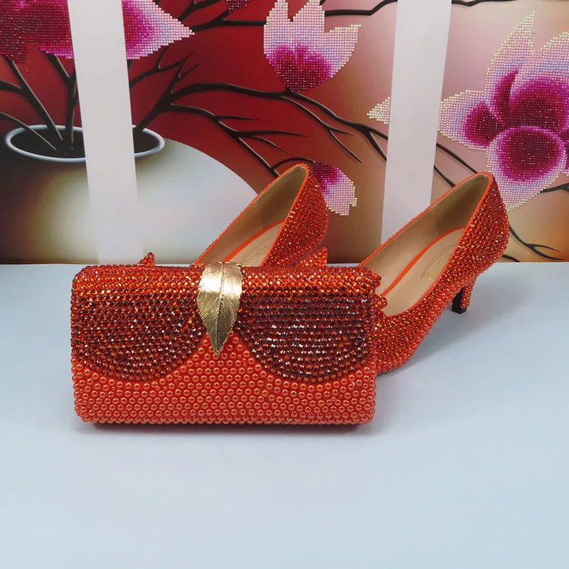BaoYaFang оранжевый Кристалл свадебные туфли и сумочка для женщин горный хрусталь насосы обувь женщина круглый носок насосы высокого . ' - ' . 2