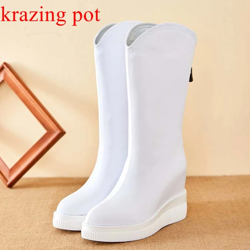 Krazing Pot/ Ботинки в западном стиле из Коровьей кожи С круглым носком, на молнии сзади, На очень высоком каблуке, Увеличивающем Рост, Модные Зимние Ботинки до середины икры . ' - ' . 0