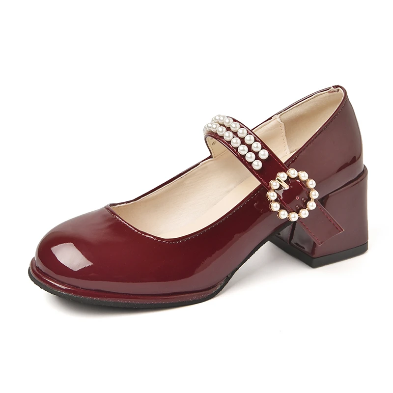 Женская обувь на высоких каблуках Mary Janes, модные жемчужные туфли-лодочки из лакированной кожи на толстом каблуке с пряжкой и круглым носком, Элегантная женская обувь Lolita . ' - ' . 0