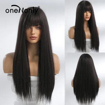 Синтетические парики oneNonly Длинный прямой черный парик с челкой для женщин для ежедневного косплея из натуральных термостойких волос