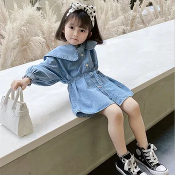 Джинсовое платье для девочек, весенне-осенняя детская одежда, джинсовые платья с поясом, vestidos, пуговицы для малышей, принцесса 3-8 лет