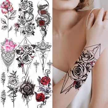 Геометрическая временная татуировка в виде розы для женщин, девушки, искусственное кружево, наклейка с татуировкой в виде Лотоса и Пиона, Тотем, Черный Дракон, ювелирные изделия, татуировки на руках