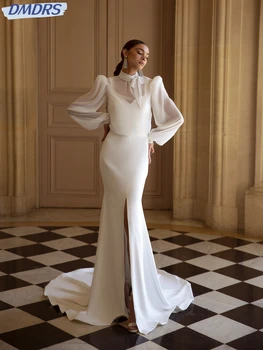 Скромный халат невесты с высоким воротником и длинным рукавом, Блестящее жемчужное свадебное платье, Изящное Атласное длинное свадебное платье-русалка, Robe De Mariée