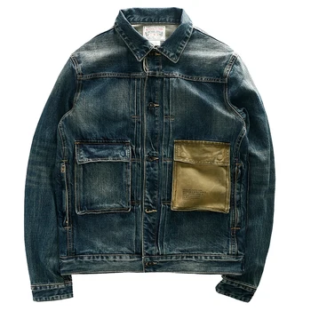 Джинсы, мужская осенне-зимняя новая джинсовая куртка американского цвета хаки в стиле ретро с тяжелыми инструментами