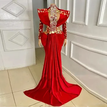 Элегантные Красные вечерние платья Русалки с блестками, расшитые бисером, Длинные рукава, платья для выпускного вечера со шлейфом Arabia, Женское Вечернее платье, халат