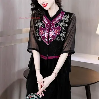 2024 традиционная китайская винтажная блузка из атласа, жаккарда, шифона, лоскутного костюма эпохи тан, национальной вышивки цветами, этническая блузка