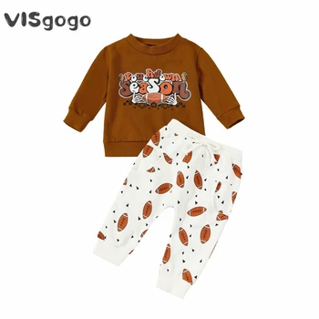 Комплект весенне-осенней одежды VISgogo для маленьких мальчиков, толстовка с круглым вырезом и буквенным принтом, спортивные штаны с принтом регби, комплект одежды