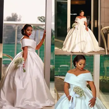 Элегантное бальное платье большого размера, свадебные платья с открытыми плечами, Белое атласное Платье для новобрачных из Саудовской Аравии 2021