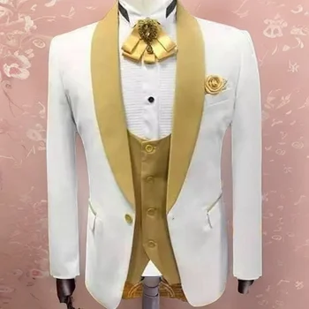 Белый Свадебный Смокинг Жениха, Золотой жилет, Приталенные мужские костюмы, Куртка и Брюки из 3 предметов, сшитые на заказ.