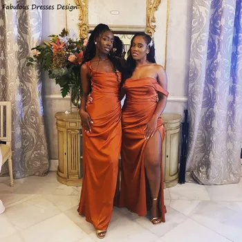 Оранжевые платья подружек невесты с открытыми плечами, Длинное сексуальное свадебное платье в русалку с высоким разрезом и складками для африканских женщин, платье для выпускного вечера