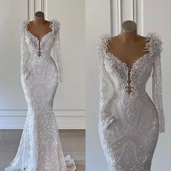 Великолепное свадебное платье Русалки С блестками, жемчугом, бисером, свадебные платья с V-образным вырезом на заказ, Vestido De Novia