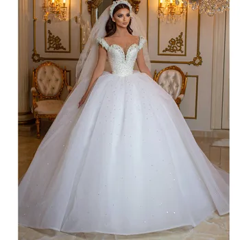 Роскошное бальное платье с жемчугом, свадебные платья, прозрачная горловина, тюль с блестками, арабское платье принцессы церкви в Дубае для новобрачных