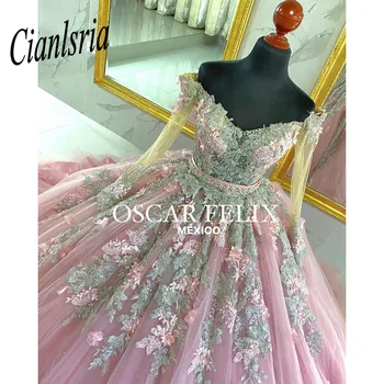 Розовое Бальное Платье Принцессы Quinceanera Dresses 2023 С Открытыми Плечами И Длинными Рукавами Sweet 16 Dress Vestidos De 15 años