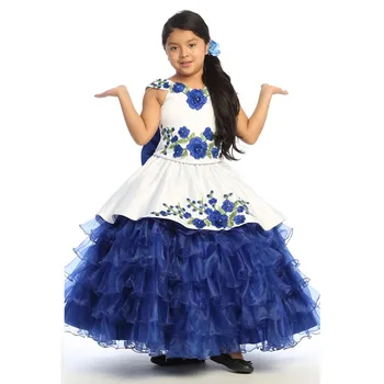Синие Мини-Пышные Платья, Бальное платье С V-образным вырезом, Аппликации Из Органзы, Платья С Цветочным Узором Для Девочек, Мексиканские Праздничные Платья, Детские
