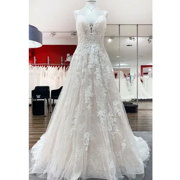 Свадебное платье принцессы с кружевами, свадебный халат 2024, Vestido, бретельки-спагетти, шлейф из тюля, шикарное свадебное платье, robe mariage femme