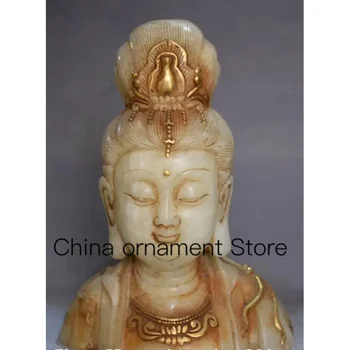 9-Дюймовая статуя-бюст из Древнего китайского даосизма из нефрита с позолотой Кван-инь Гуань Цюань Инь Гуаньинь