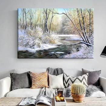 Зимний пейзаж с лесной рекой, Картина на холсте, настенное искусство, плакаты и принты с видами снега для декора гостиной Cuadros