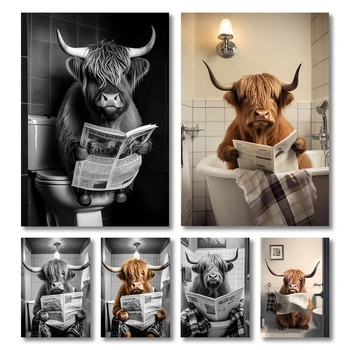 Милый и забавный плакат Корова на унитазе Холст Картина Пена для ванны и винные принты Черно-белое настенное искусство Домашний декор ванной комнаты