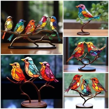 Витражные птицы на ветке, настольные украшения, двухсторонние разноцветные украшения в стиле птиц