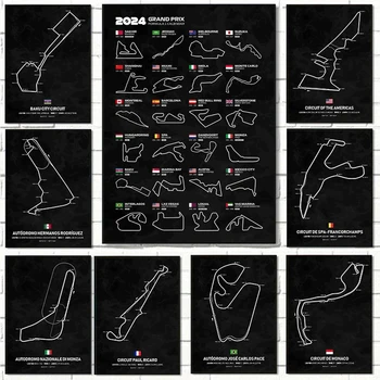Карта трассы Формулы 1 Настенная живопись на холсте, Календарь сезона 2024, Плакат гоночной трассы, печать рисунка для домашнего декора гостиной