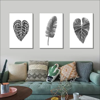 Черно-белые постеры и принты в стиле листьев, простые штрихи, серые листья, напечатанные на холсте, декоративные диваны для гостиной