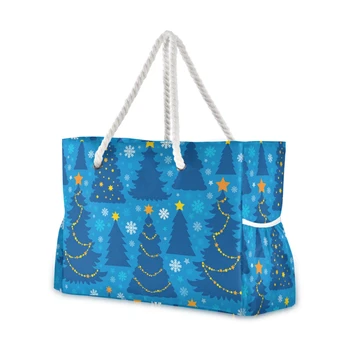 Пляжная сумка-тоут Большой емкости, синие сумки через плечо с принтом Рождественской елки, женские модные сумки для ежедневных покупок