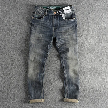 Осенняя эластичная резинка на талии, старые джинсы в стиле ретро, мужской тренд, универсальная прямая версия брюк небольшого размера