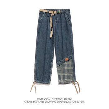 Джинсы с высокой уличной строчкой, мужские весенне-осенние мешковатые джинсовые брюки в стиле пэчворк в стиле ретро, японские винтажные леггинсы с завязками оверсайз