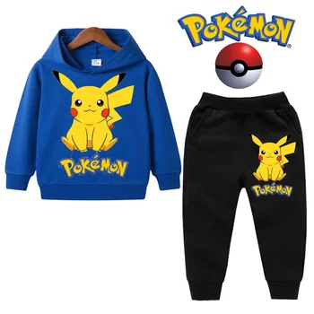 Комплекты с капюшоном Pokemon Pikachu, 2 шт. Топы с Пикачу и длинными рукавами + брюки, детская одежда для мальчиков от 3 до 14 лет, детская одежда с героями мультфильмов, наряды для девочек