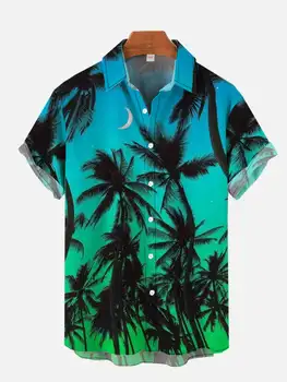Мужские гавайские рубашки с принтом кокосовой пальмы, летняя рубашка с рисунком авроры, рубашка с короткими рукавами, мужская пляжная рубашка на пуговицах, трендовые рубашки с лацканами
